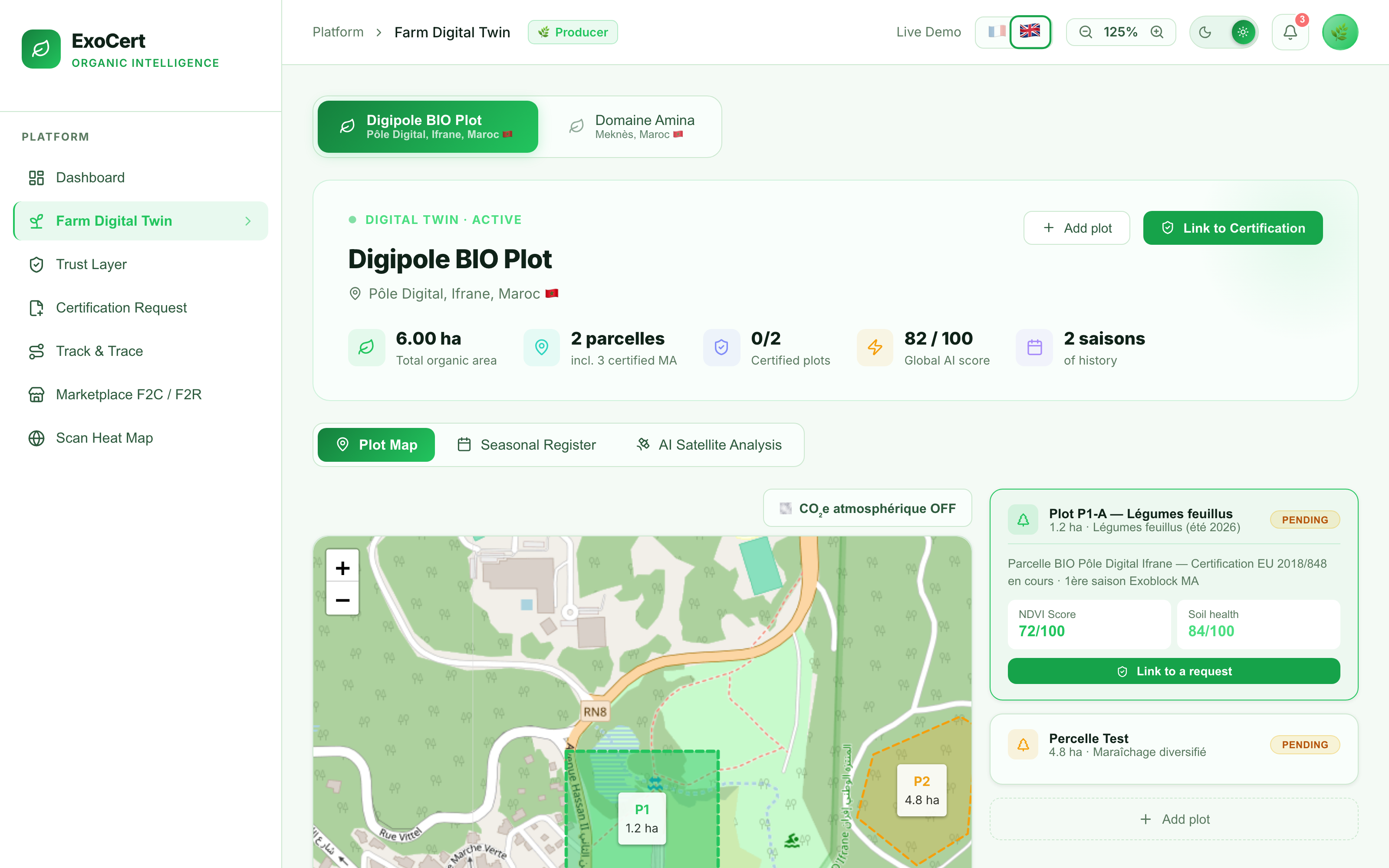 Farm Digital Twin — plots drawn on a live map