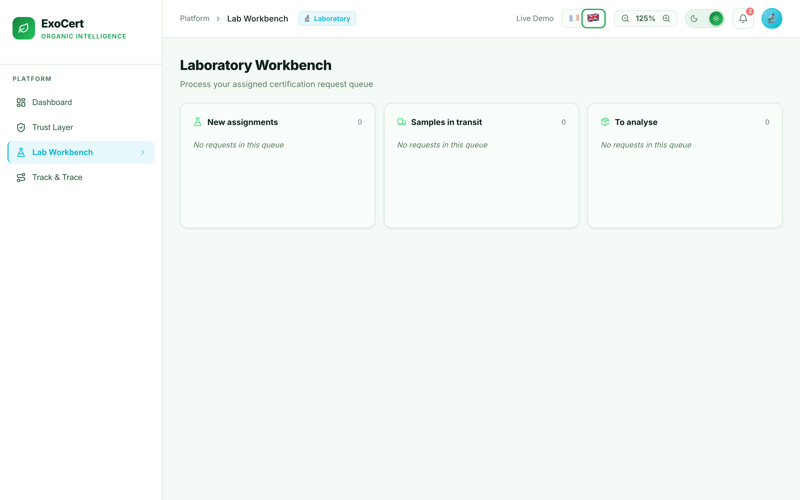 Laboratory Workbench — queues and request detail with status timeline, sample and documents