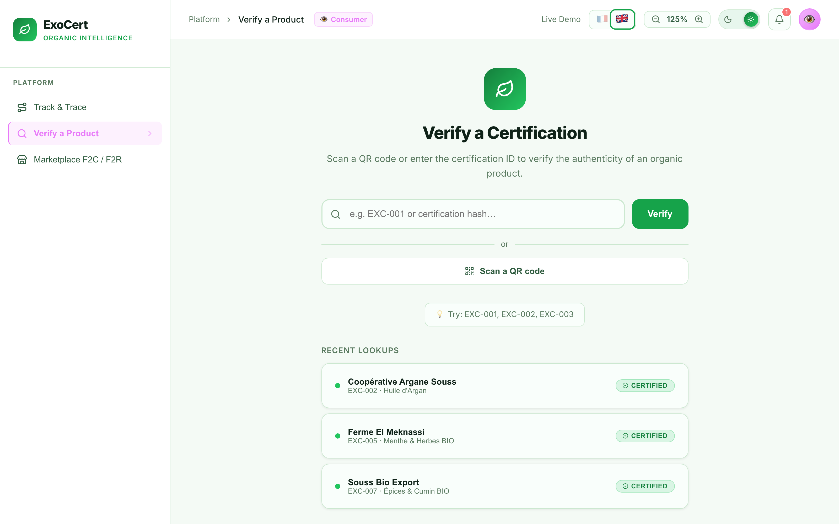 Consumer verify page — scan result with certificate and farm journey