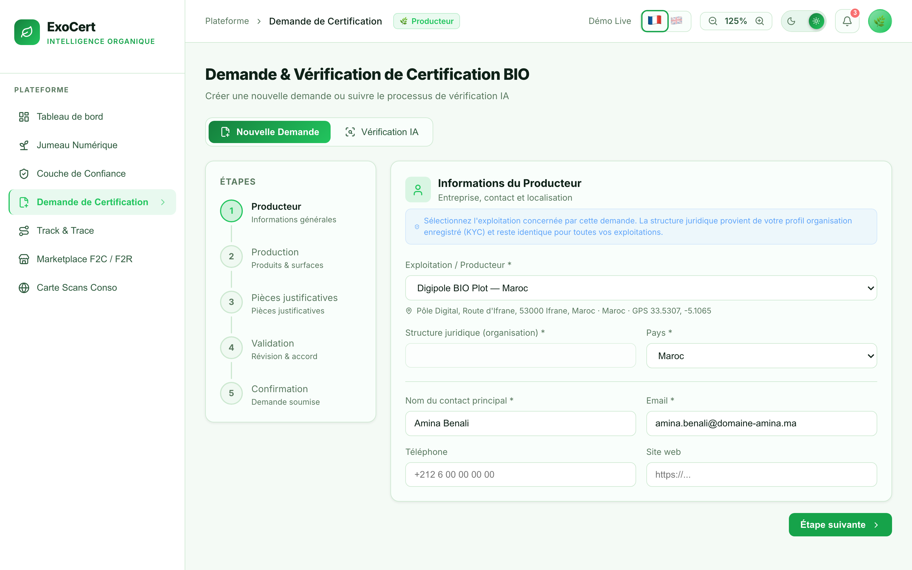 Assistant de demande de certification — informations exploitant
