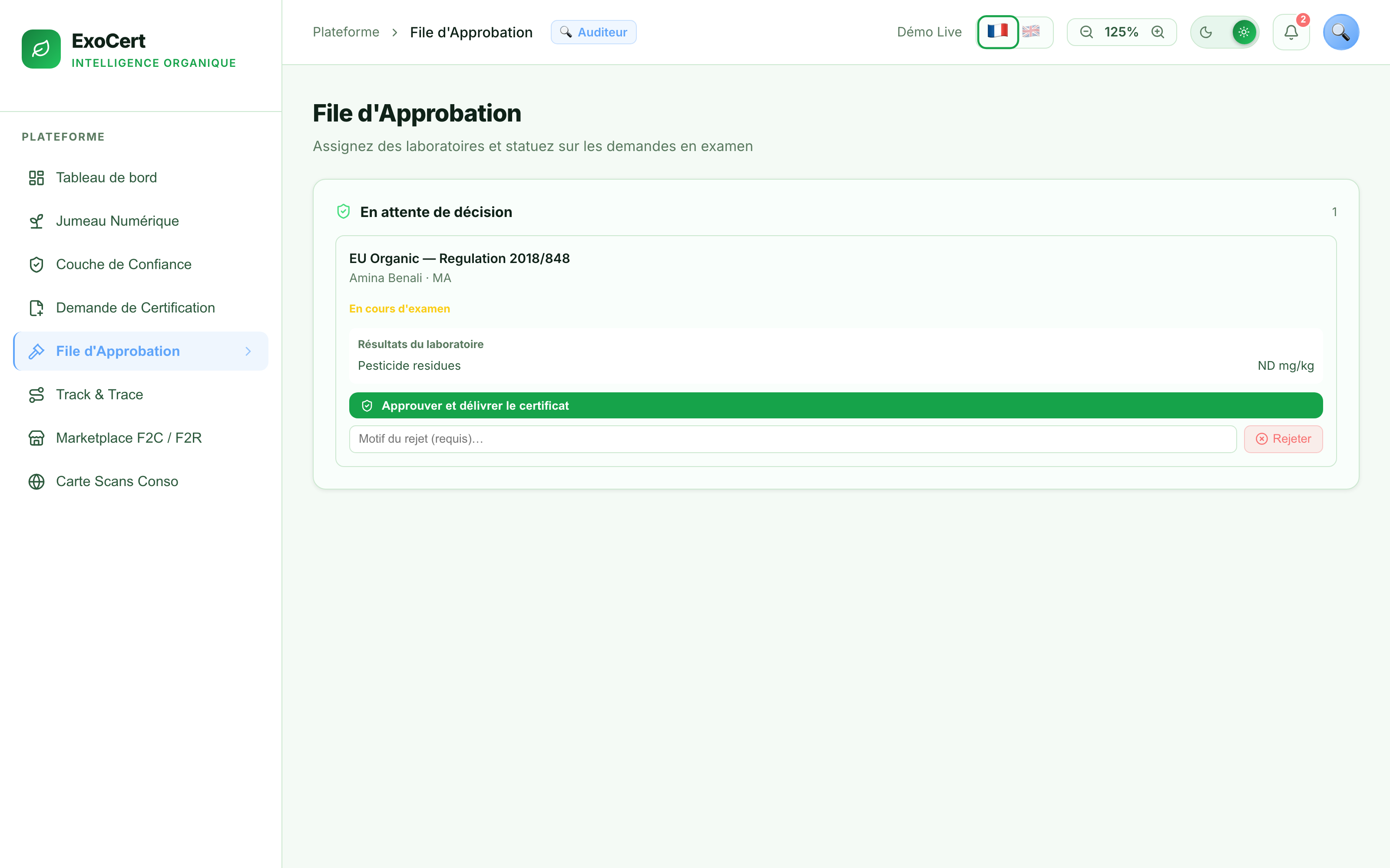 File d'approbation auditeur avec résultats de laboratoire